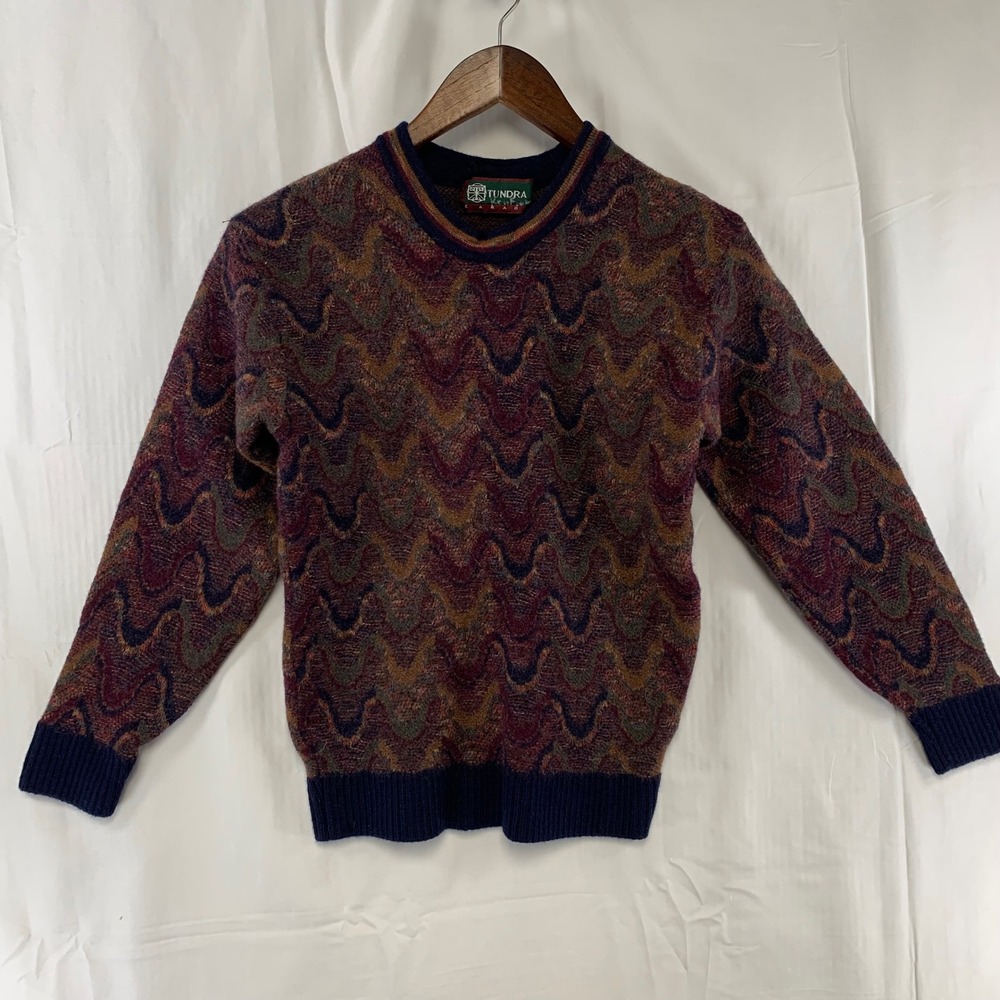 VTG Tundra Knit Sweater Youth L Multi-Color Abstract Merino Wool Canada *Shrunk